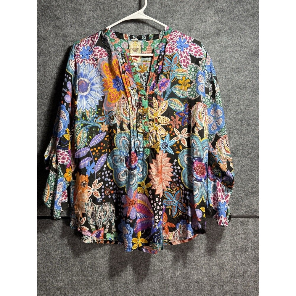 Johnny Was C15225B-3 Silk Blouse Large Floral Butterfly Boho Tunic Top